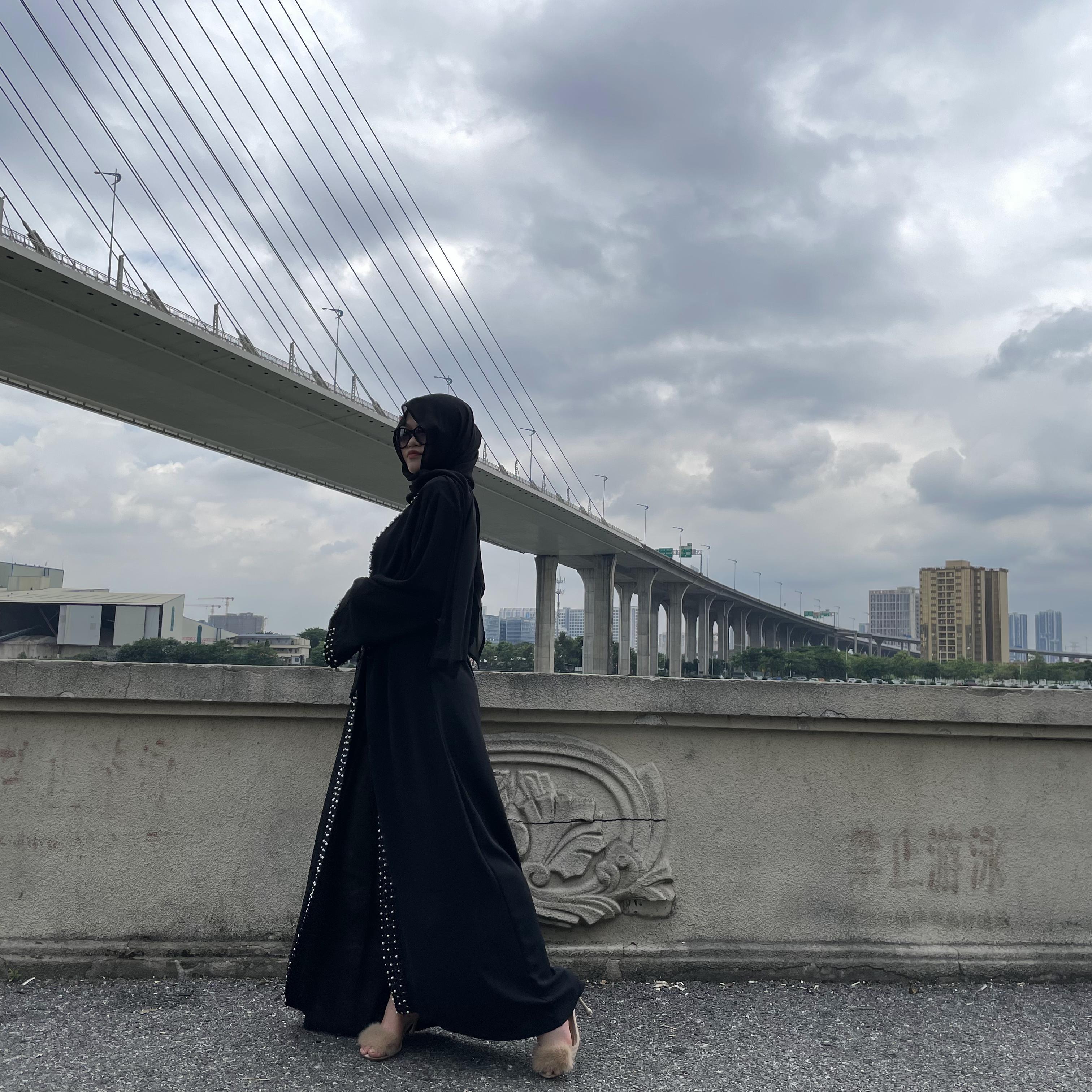 1838#Middle East Eid Muslim Fashion Pearls Kimono Modest Elegant Cardigan Dubai Abaya - CHAOMENG MUSLIM SHOP