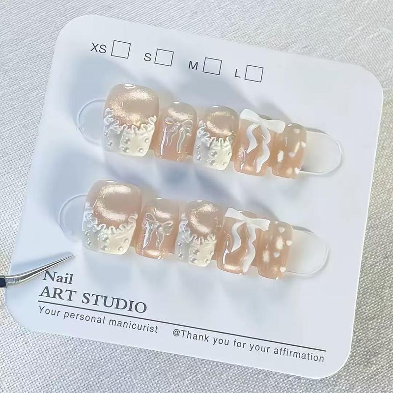  Mã B018  Nail Box Móng Tay Giả Màu Nude Mắt Mèo Dáng Móng Ngắn Đính Nơ Họa Tiết Trắng Tiểu Thư Học Sinh Hot Girl Có Thể Tháo Rời Tái Sử Dụng 