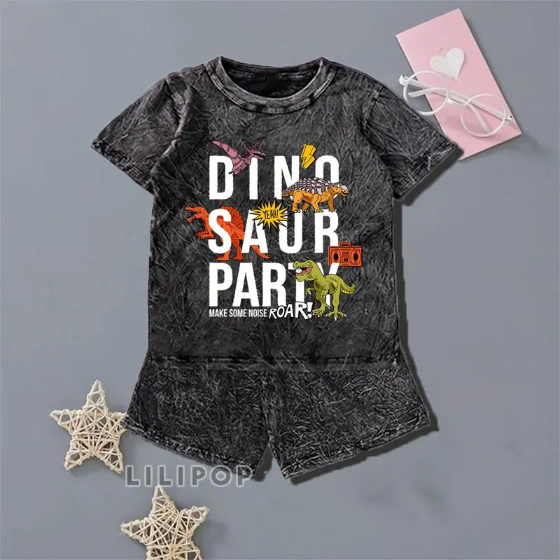 Majin  Fashion Anak Unisex Stelan Stone Wash 3/4 Cocok untuk Anak Laki-laki dan Perempuan DINO TREX Stylish Setelan 7