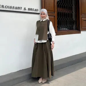 YEPPUOUTFIT - Sunbin One Set | Basic Setelan Wanita Linen Bawahan Rok Panjang dan Atasan Outer Vest Asimetris Tali Samping Tanpa Lengan Casual Nyaman Baju Cantik