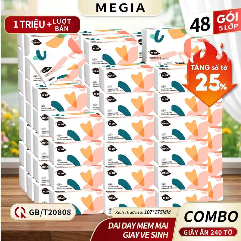 (FLS - TRỢ GIÁ) COMBO 48GÓI GIẤY ĂN  MEGIA 240 TỜ 5 LỚP Chính Hãng - Khăn Giấy Tiện Lợi 5 Lớp - Giấy Rút Cao Cấp Đạt Chuẩn Bộ Công Thương MEGIA , khăn giấy khăn ăn, giấy vệ sinh tiện lợi