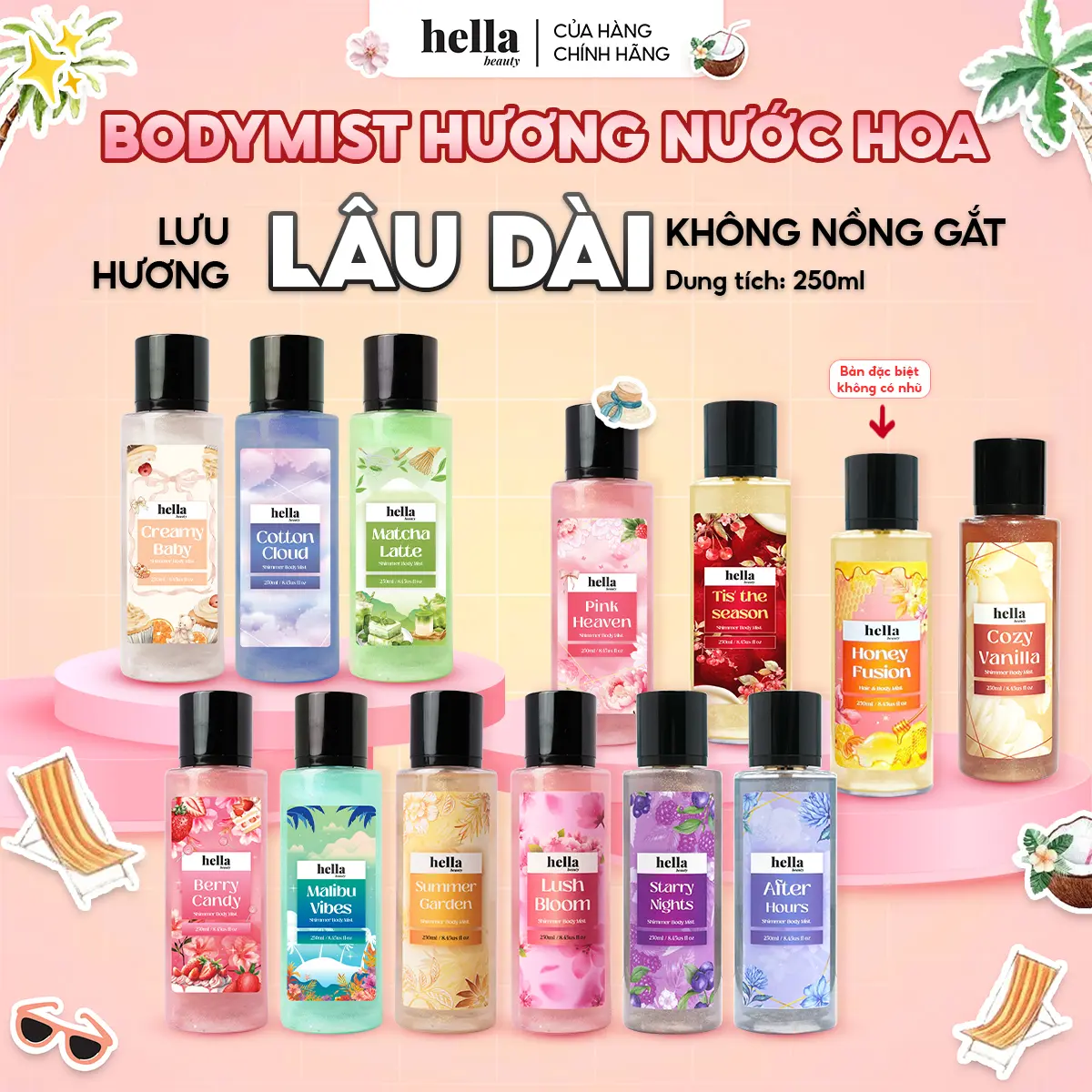 Xịt Thơm Body Mist Hương Nước Hoa Hella Beauty 250ml lưu hương lâu, an toàn cho da nhạy cảm