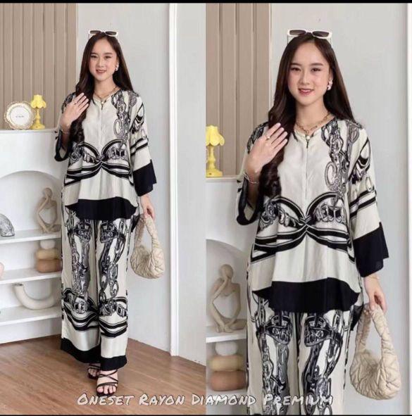 Setelan Wanita Oneset Wanita Setelan Rayon Celana Kulot Atasan Rempel Bahan Rayon Motif Adem Dan Nyaman  Baju Dewasa Remaja Panjang Santai Muslim Bawahan Lembut hitam Busui Rayon Premium Exclusive Kekinian Lebaran Atasan Wanita Celana Kulot