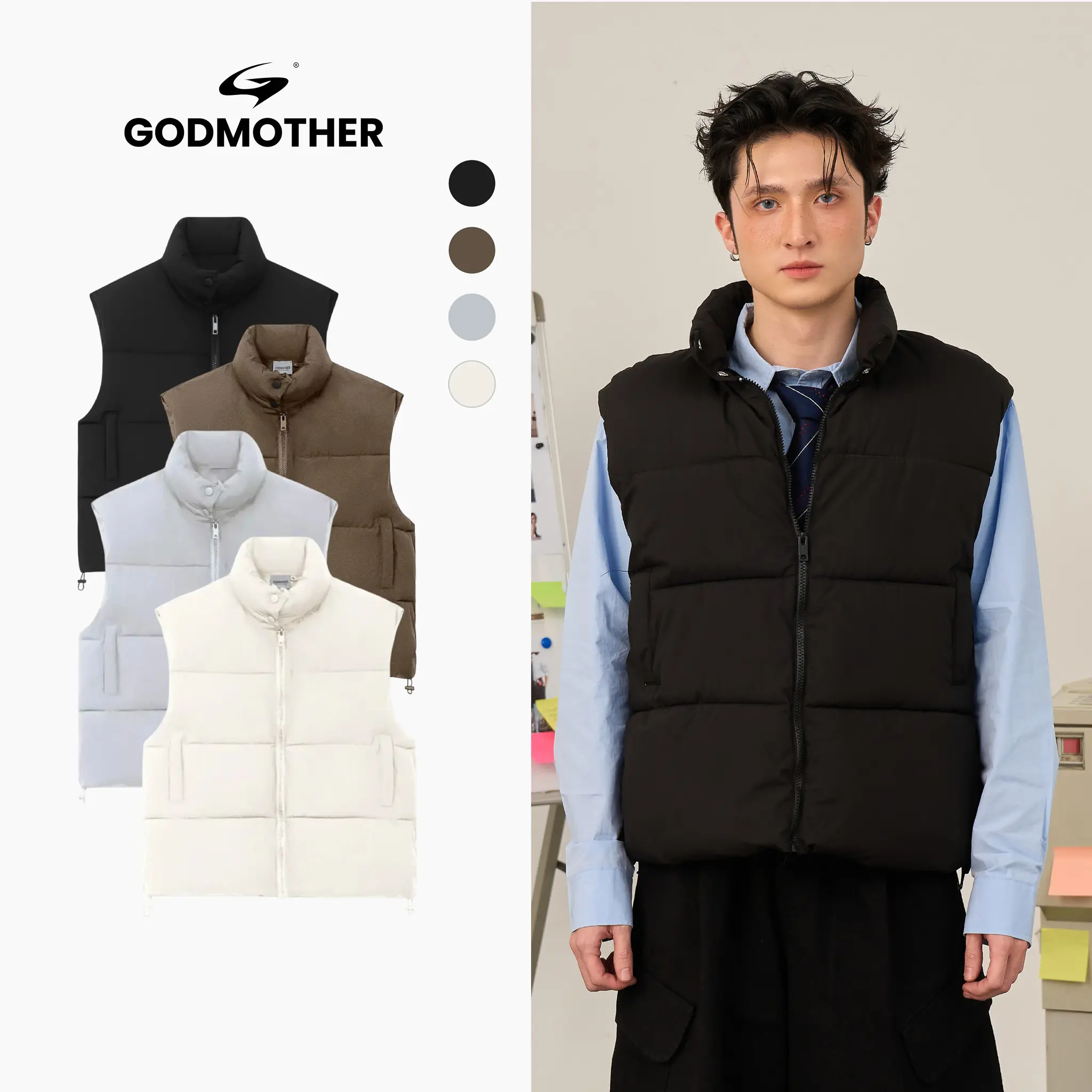 GODMOTHER Áo Phao Gile Túi Sườn Chéo Unisex Chất Liệu Gió Trần Bông Lót Lụa Phong Cách Streetwear Màu Đen Nâu Xám Trắng Size ML XL 2X