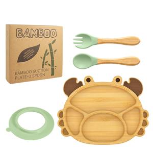 Animal Bamboo Dinner Plate Baby Suction Cup Tableware Compartment Bamboo Plate Set With Fork And Spoon