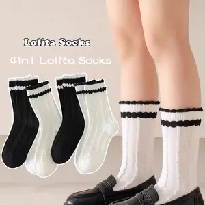 4in1 Kaos Kaki Anak Perempuan Kaos Kaki Putri Renda Anak-anak Musim Semi dan Musim Gugur Kaos Kaki Setengah Betis Putih Murni Lolita untuk Anak-anak Besar dan Perempuan