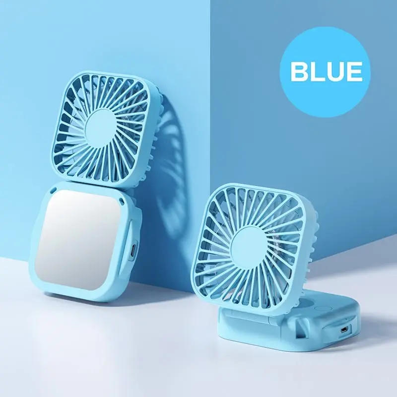 Kipas Angin Portable Mini Lipat USB Rechargeable CERMIN Mirror Pocket Fan Kantor Desktop Square Mute Fan Outdoor Gantung Leher 6