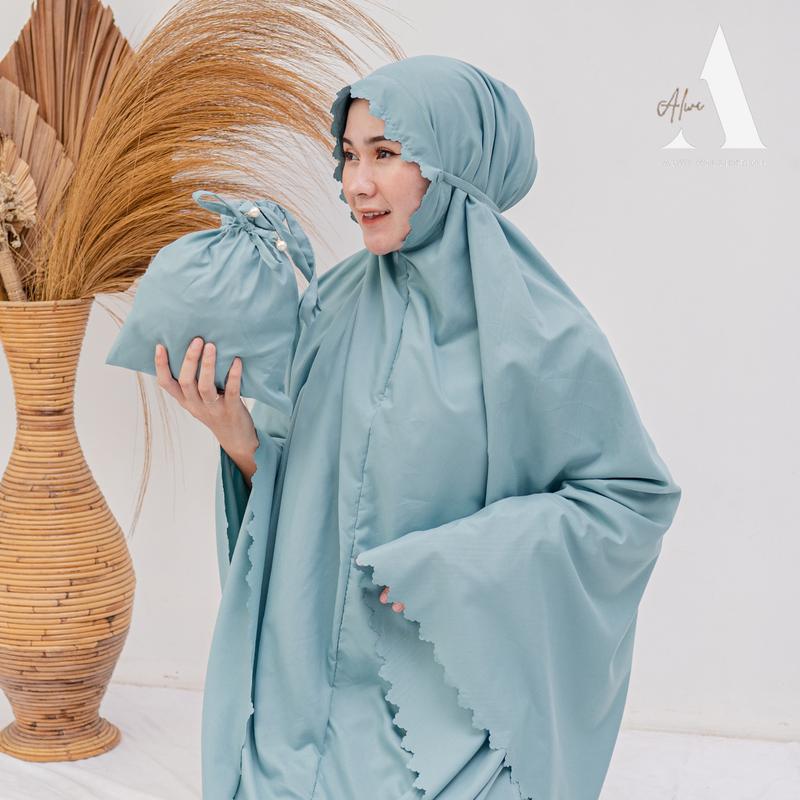 Mukena Dewasa Traveling Mini Alwi Series Free Tas Pouch Serut Mutiara Atasan Bawahan Panjang Katun Lembut mukenah  Muslim resleting 1