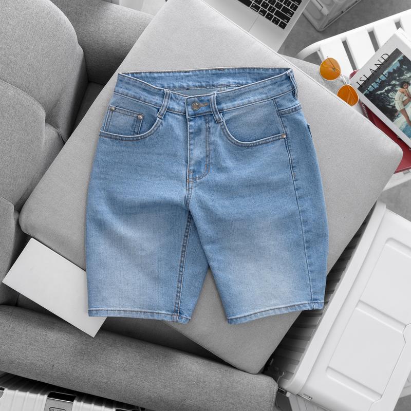 Quần short jean nam jean ngắn xanh sáng 04 ống rộng vải cotton Menswear