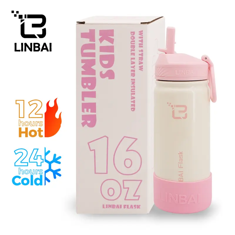 LINBAI Flask 16oz Kids Water Bottle with Straw Tumbler Hot and Cold Silicon Boot Flip Sip Coffee Cup 0