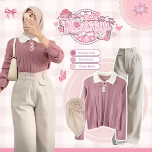 One Set Rajut Kekinian (Blouse Kepang Nila, Oro Pants, Jilbab Bella) Casual Outfit Remaja - AV19
