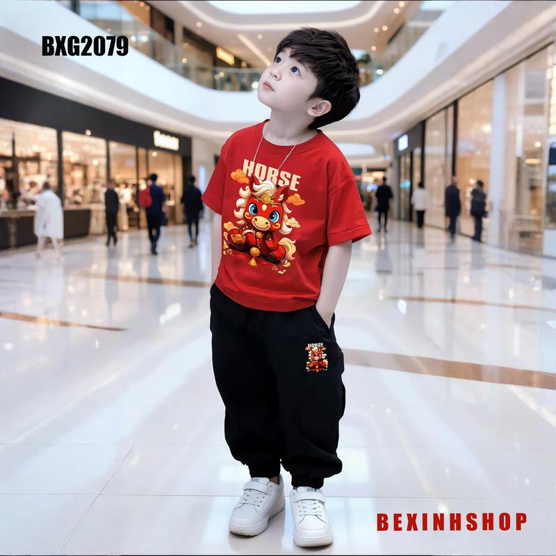   TẾT  Set áo thun in NGỰA 2026 quần jogger dễ thương cho bé trai BXG1225 