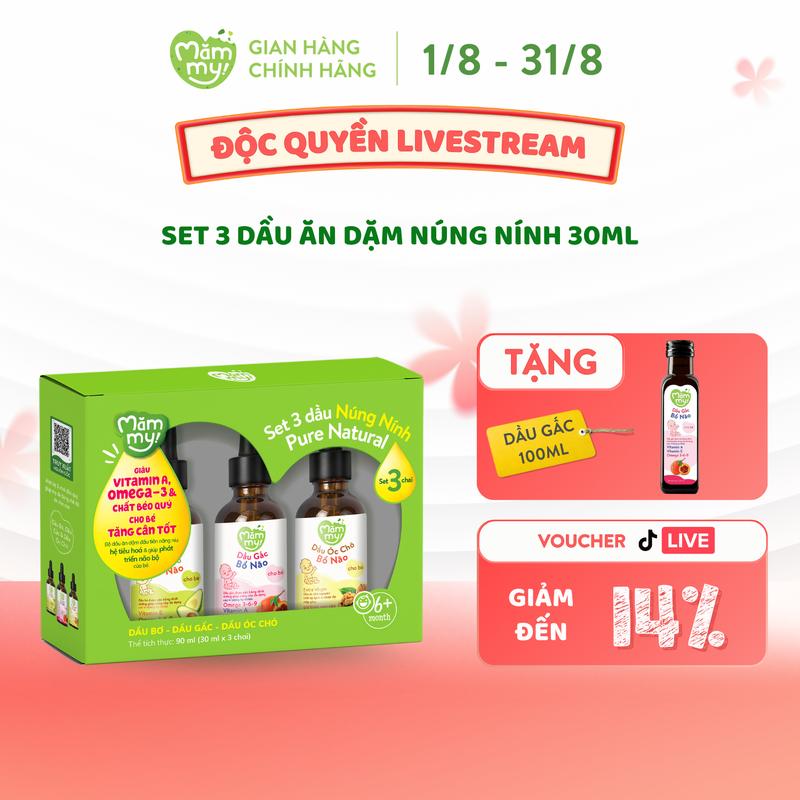 Set 3 Dầu Ăn Dặm MĂMMY Cho Bé (Bơ, Óc Chó, Gấc, Cá Hồi, Hạt Lanh, Olive) Bổ Sung DHA, Omega Giúp Cho Bé Từ 6 Tháng Phát Triển Trí Não, Chai 30ml [DG]