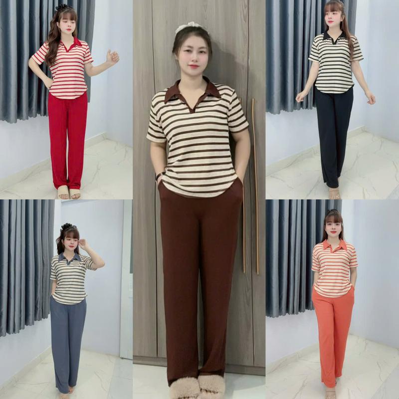 Bộ Thời Trang Ống Xuông Tay cộc Áo Cổ Sơ Mi Chất Thun Gân Mềm Co Giản size 45-75KG