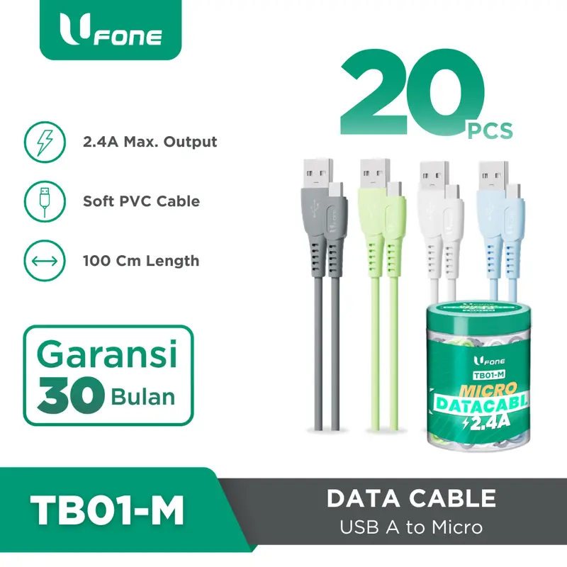 Ufone TB01-M Kabel Data Toples Isi 20 Pcs Mix Warna USB A to Micro 2.4A Efficient Charging PVC 100 cm 0