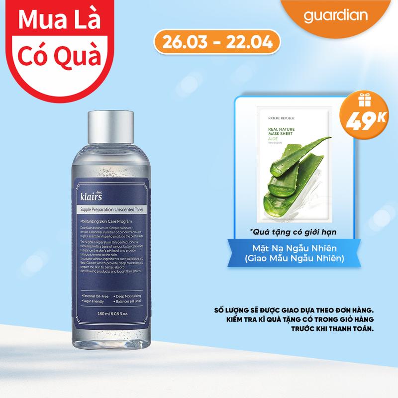 Nước Hoa Hồng Không Mùi Dưỡng Ẩm & Làm Mềm Dear, Klairs Supple Preparation Unscented Guardian 180Ml