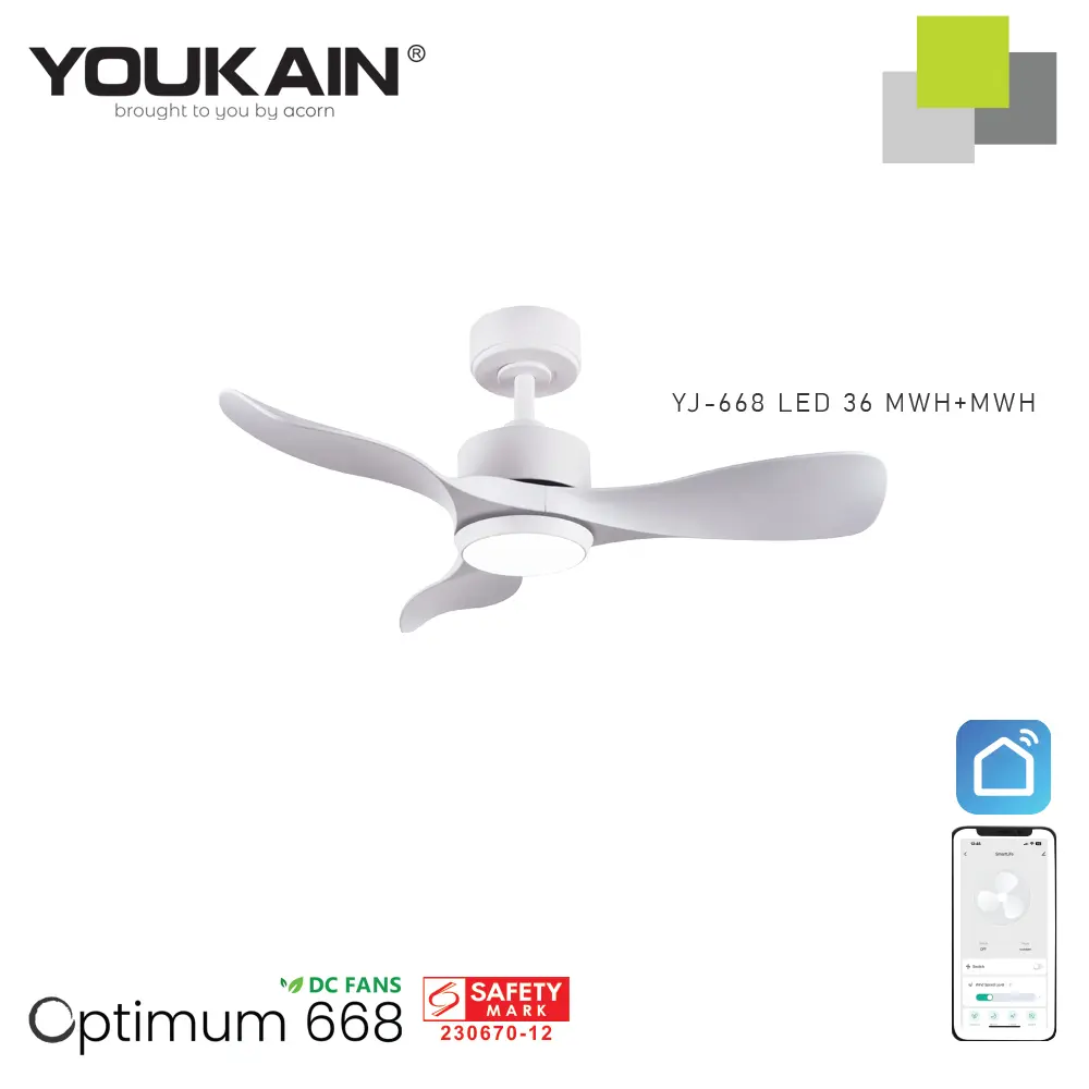 Youkain Optimum YJ-668 MWH | 36 Inch Ceiling Fan | 24W LED Tri-Color Dimmable or No Light | Downrod System | SMART App