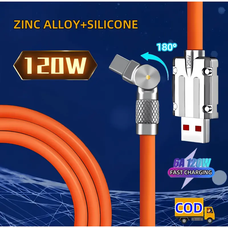 Dapat diputar 180°！ ZHALO Kabel Charge Ponsel  Kabel Data Type C120W 6A Fast Charging Tipe C Micro USB iOS Lightning  1.5M Pengisian Cepat Untuk Android iOS  OPPO REALME VIV Kabel Charge Silion LogamKabel Cabel 0