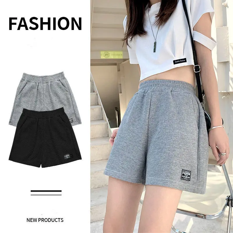 Waffle grid sports shorts for women New Korean version, loose high-waisted home wear wide-leg hot pants P47 Outdoor