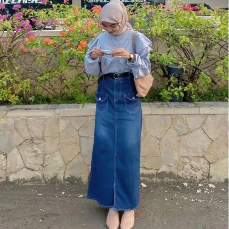 NFK-Rok Jeans Highwais Belah Depan Saku Depan Terbaru Korean Style Panjang 1