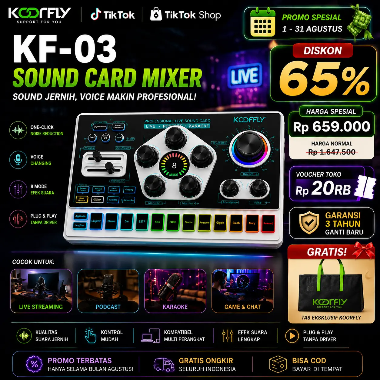 Koorfly KF-03 48V PRO Soundcard Audio Mixer | AI Noise Reduction | Voice Changer | Live Streaming Podcast Karaoke Gaming | August Promo 65% OFF | Free Headphone