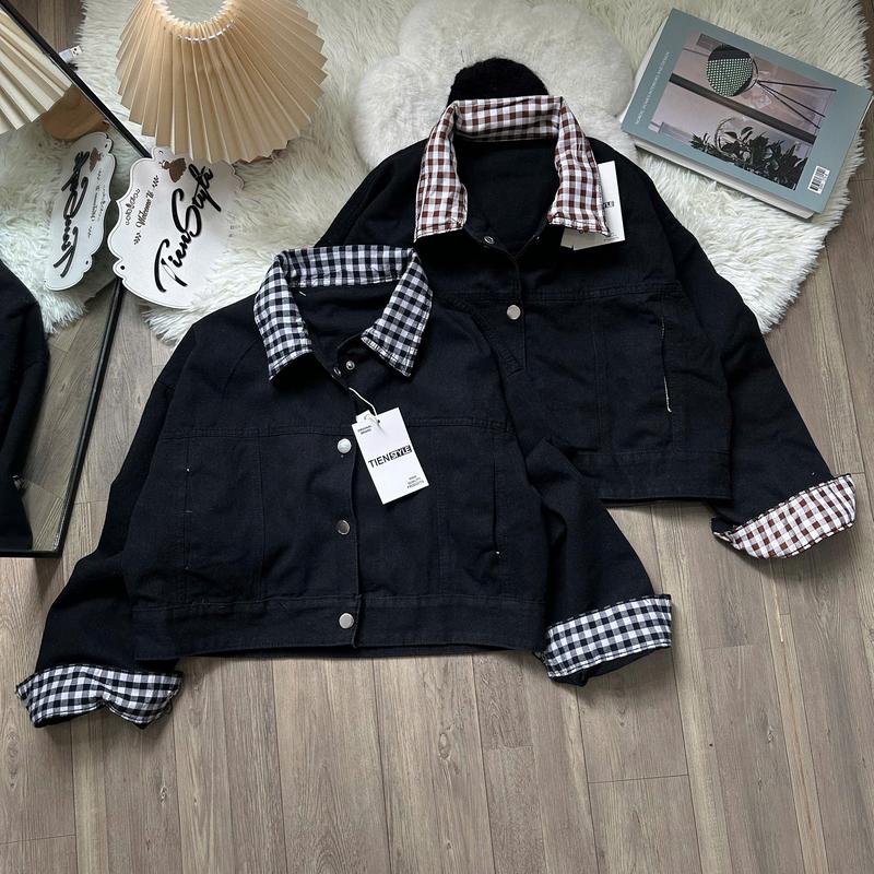 TIENSTYLE - Áo Khoác Jean Nữ Màu Đen Phối Cổ Kẻ Caro Nút Bấm Có TÚi Tay Phồng Form Lửng Chất Liệu Jean Không Giãn Dày Dặn Đồ Noel Bigsize Nữ Quần Áo Tết Nữ