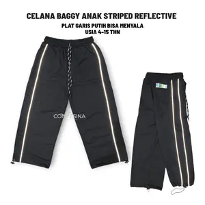 Celana Anak Skena Baggypant Terbaru Plat Garis Menyala Laki-Laki Perempuan Usia 3-13 Tahun Celana Strip Reflektif Bahan Fleece Unisex Fashion Kids