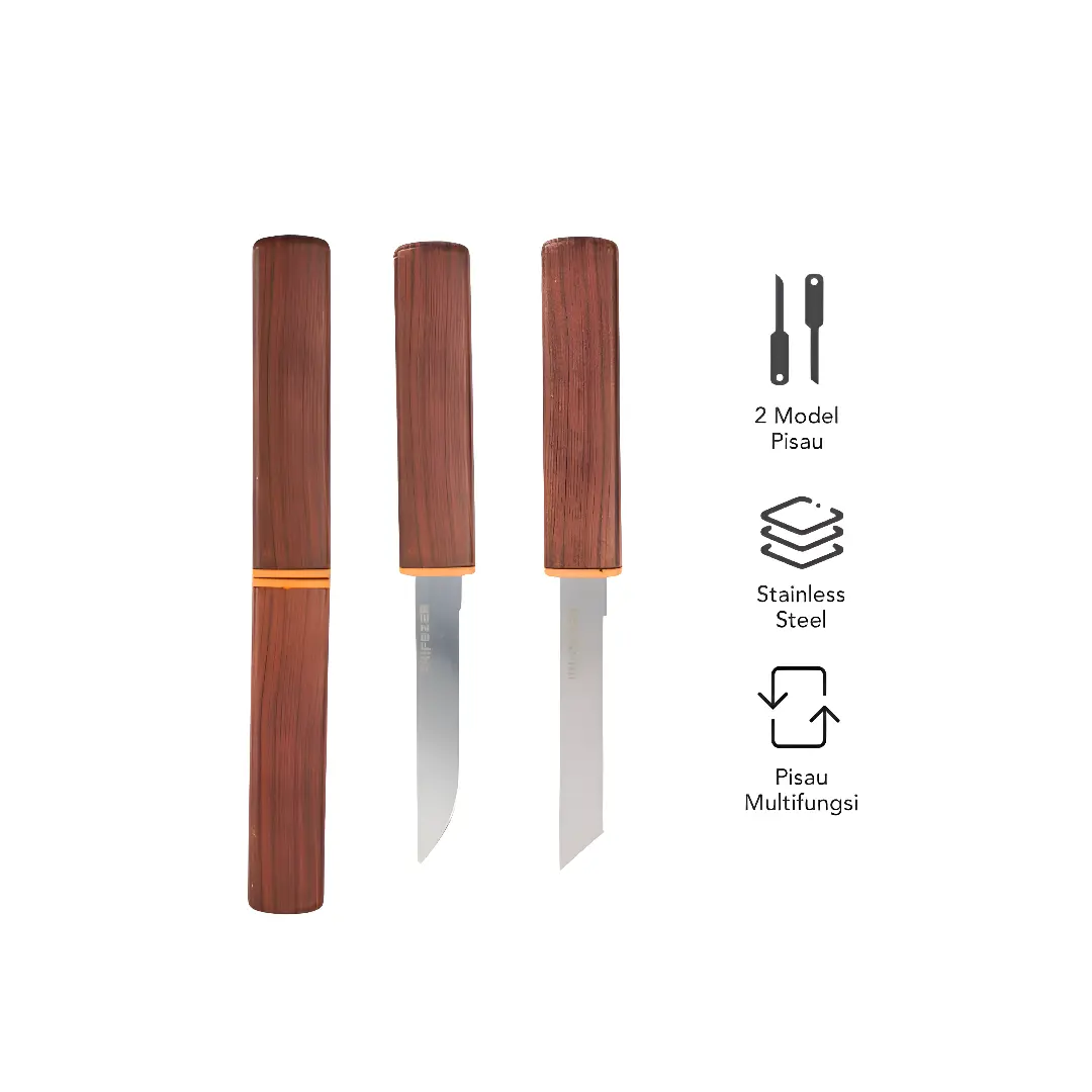 1Pasang Pisau Dapur 2in1 Bilah Stainless Steel Gagang Motif Kayu