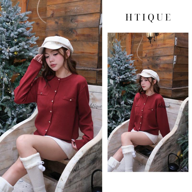 BST MERRY CHRISTMAS HTIQUE DEAL mở bán Áo len trơn tone đỏ giáng sinh Áo len dệt kim basic dễ phối đồ LA16+