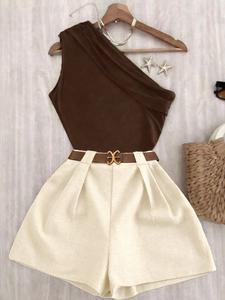 Conjunto de Moda Casual para Otoño Invierno, Top de Hombro Plisado de Alta Elasticidad con Pantalones de Cintura Elástica