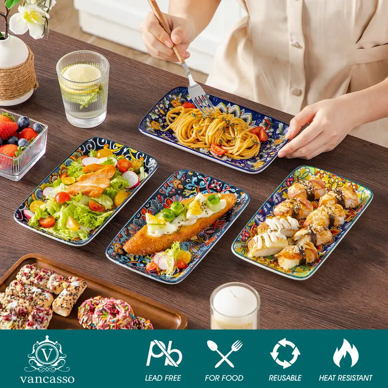 vancasso SIMI Serving Platter, 8.5/9.5 in Small Serving Dishes, Porcelain Rectangle Serving Plates Set of 6, Dishwasher and Microwave Safe, Ceramic Sushi Platters for Party 1