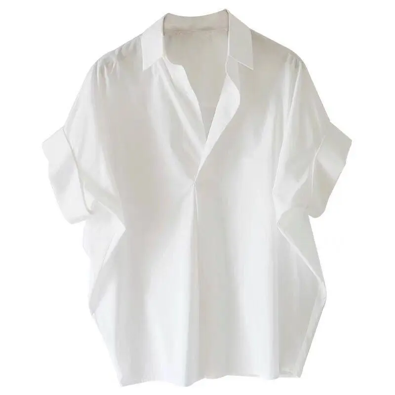 6 Colors  S-3XL cotton blend solid color  Korean Style Loose V-neck Batwing Sleeve White Shirt for Women