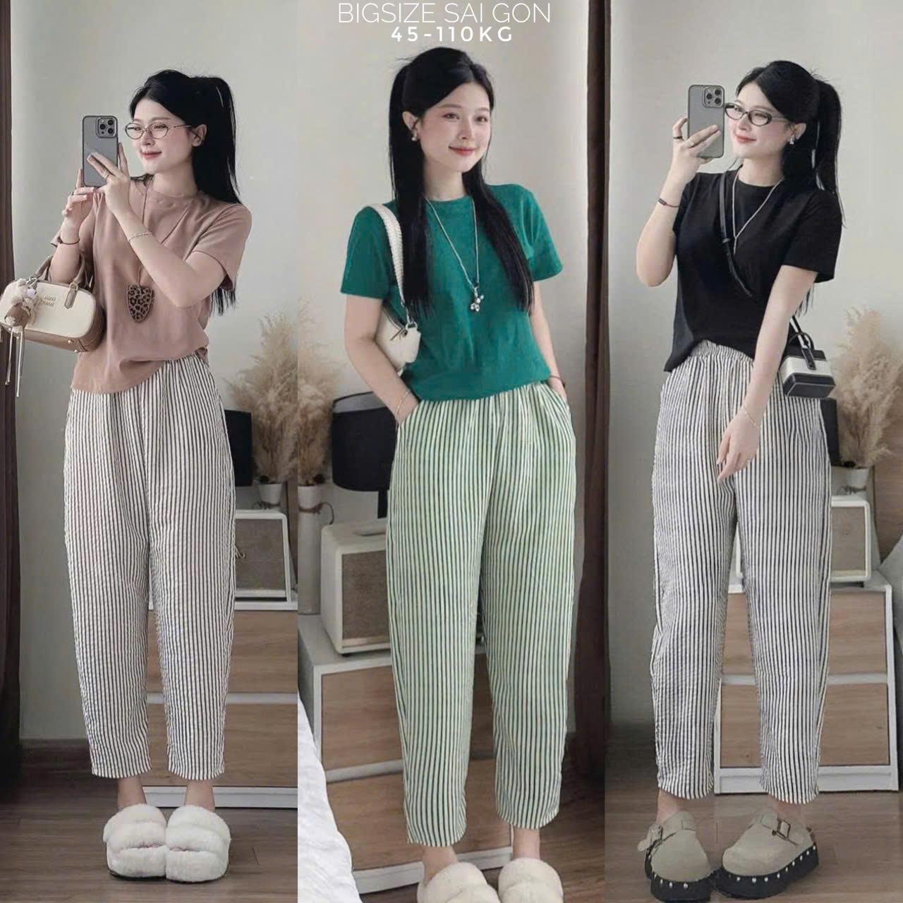 Thời Trang Bigsize Set Áo Thun Quần Sọc Vải Cotton Bigsize Từ 45 - 110Kg Nữ Top Women Xoè - B.1624