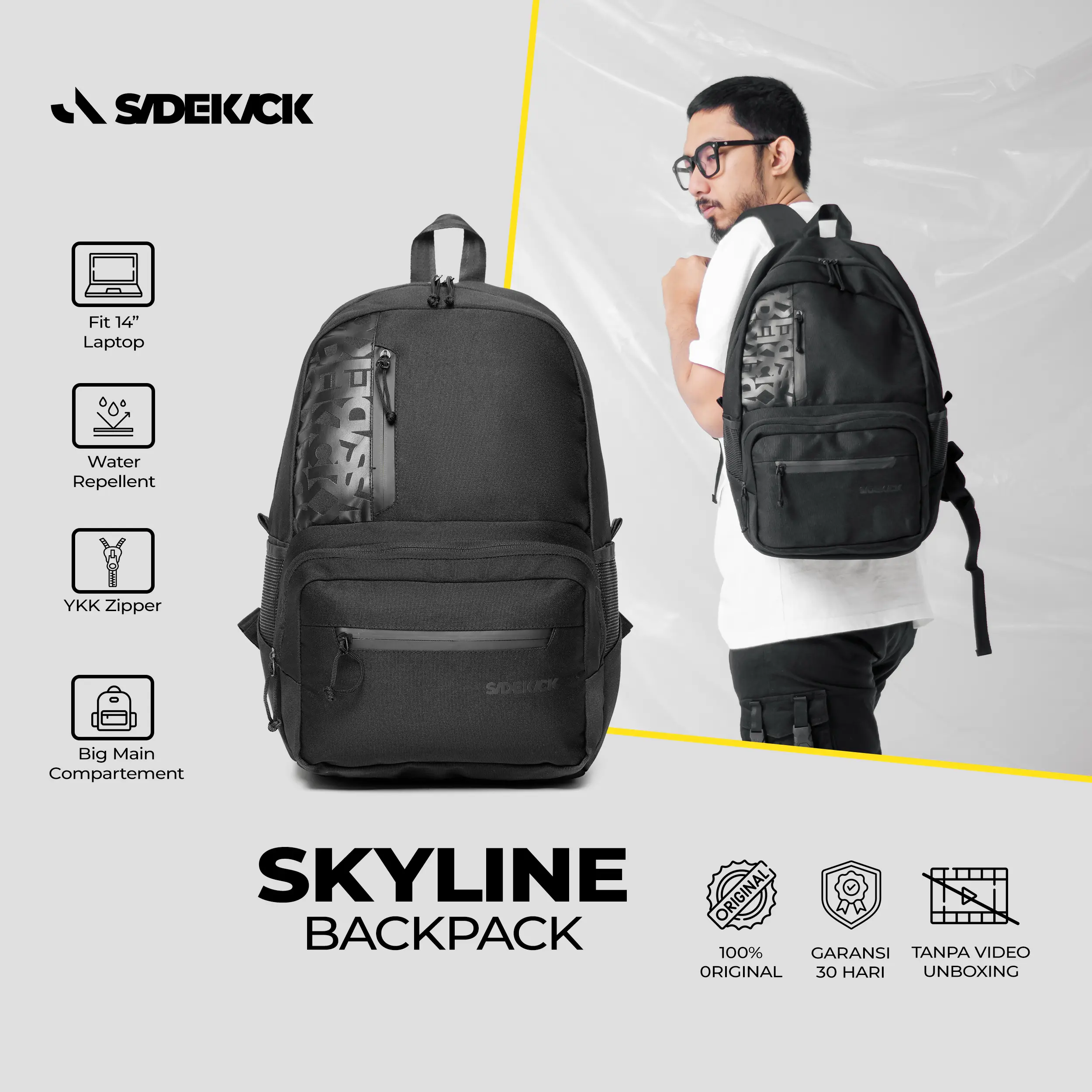 Sidekick Project - SKYLINE - Backpack pria - Tas punggung Hitam Ransel Sekolah