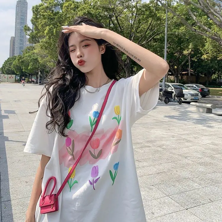 White T-shirt women's new summer design niche printing loose short-sleeved top trend