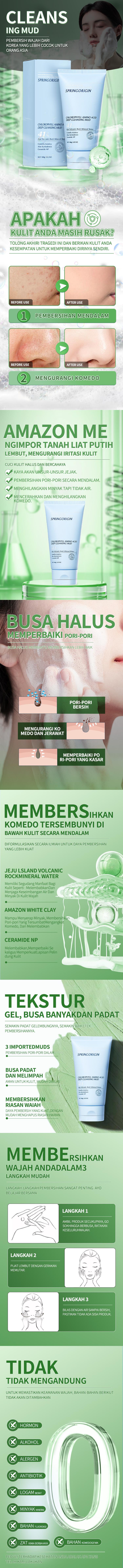 SpringOrigin Pembersih Lumpur Korea 2in1 Masker & Cleanser dengan Klorofil dan Asam Amino 100g Teknologi 3X-Pore Tightening untuk Kulit Lebih Terawat