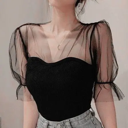 Lace crop knit top cute Atasan Wanita Cod
