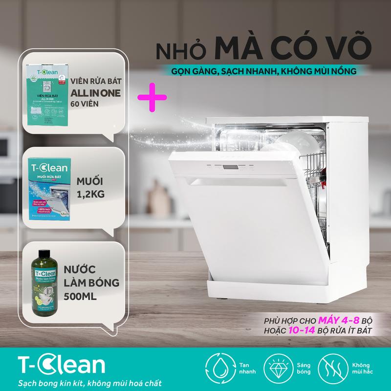 T-Clean Combo_03 Viên Rửa Chén 60 Viên Mini Muối Rửa Bát 1,2kg Nước Làm Bóng 500ml An Toàn Cho Gia Đình Dành Cho Máy Rửa Bát 4-8-14 bộ