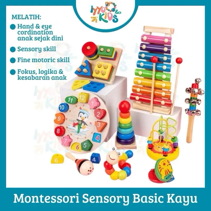 IYYO KIDS | M3 Mainan Anak Basic Kayu Edukasi Sensory Montessori Mini Round Beads Jam Puzzle 3D Shape Geometri Xylophone / Mainan Pekanbaru