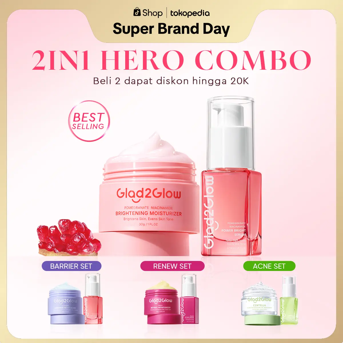 【2in1】Glad2Glow 2pcs bundle Skincare Paket - Moisturizer+Serum Glowing Anti-acne Dark spot Barrier Bright Blueberry Ceramide Centella Berjerawat Memudarkan Mencerahkan Pencerah Wajah Arbutin Acid Extract Niacinamide Cooling Pelembab Melembutkan Hitam