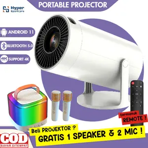 [COD] SMART PORTABLE PROYEKTOR ANDROID 11 + Speaker Wireless Bluetooth + 1 Wireless Mic - GARANSI TOKO 1 TAHUN Putih Projector Lcd