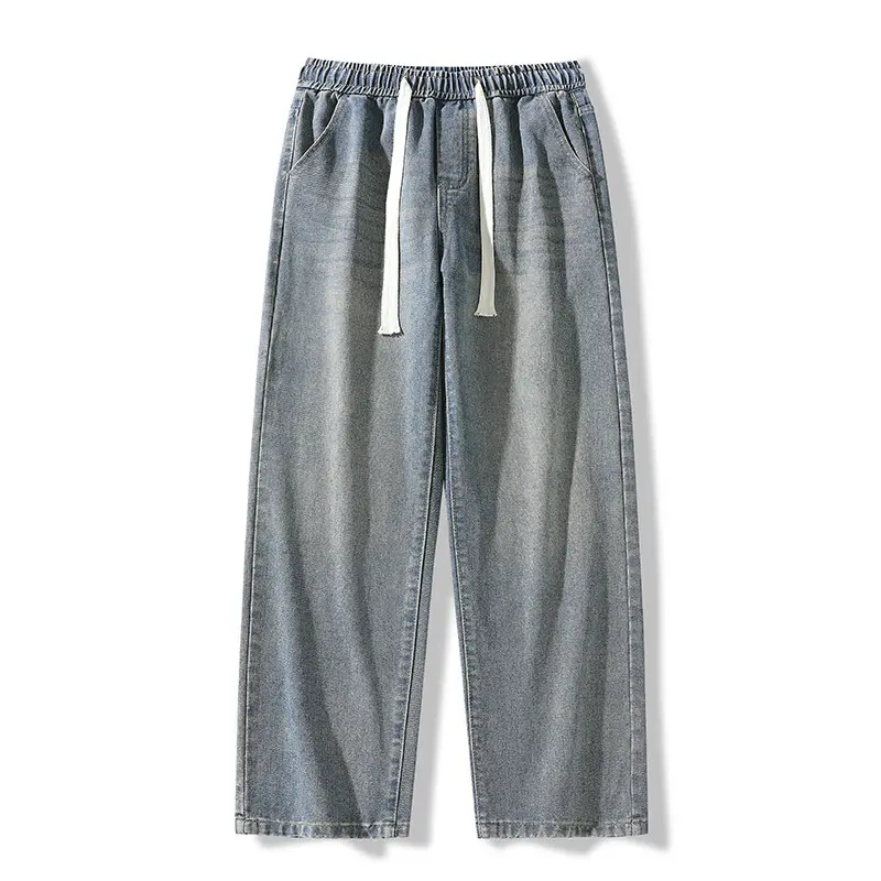 Vintage-Inspired Drawstring High-Waisted Relaxed Straight-Leg Denim Pants for Women, Retro Loose-Fit Casual Jeans with Elastic Waistband, Comfortable & Stylish, All-Day Wear Bottom Lingerie Trouser Streetwear Basic Minimalist