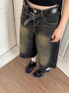メンズ サマーワステランドスタイル ヴィンテージウォッシュ＆ダメージ加工デニム、非ストレッチのゆったりシルエット、Y2Kストリートカジュアルに最適なクロップドジーンズ、ストレートレッグデニムショートパンツ、彼氏や夫へのギフトにもおすすめ
