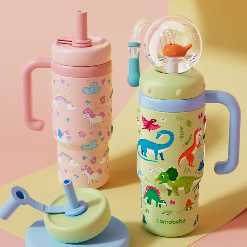 【COMOBEBE】24oz Stainless Steel Whale Fountain Tumbler with Handle – Two Lids, Spill-Proof, Dishwasher Safe, Cute & Perfect for Kids, Teens, and Adults 0