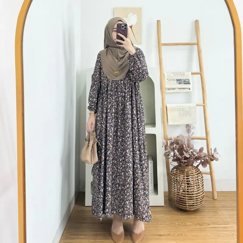 Arsy Midi Dress Set Hijab Gamis Lebaran Rayon Motif 7
