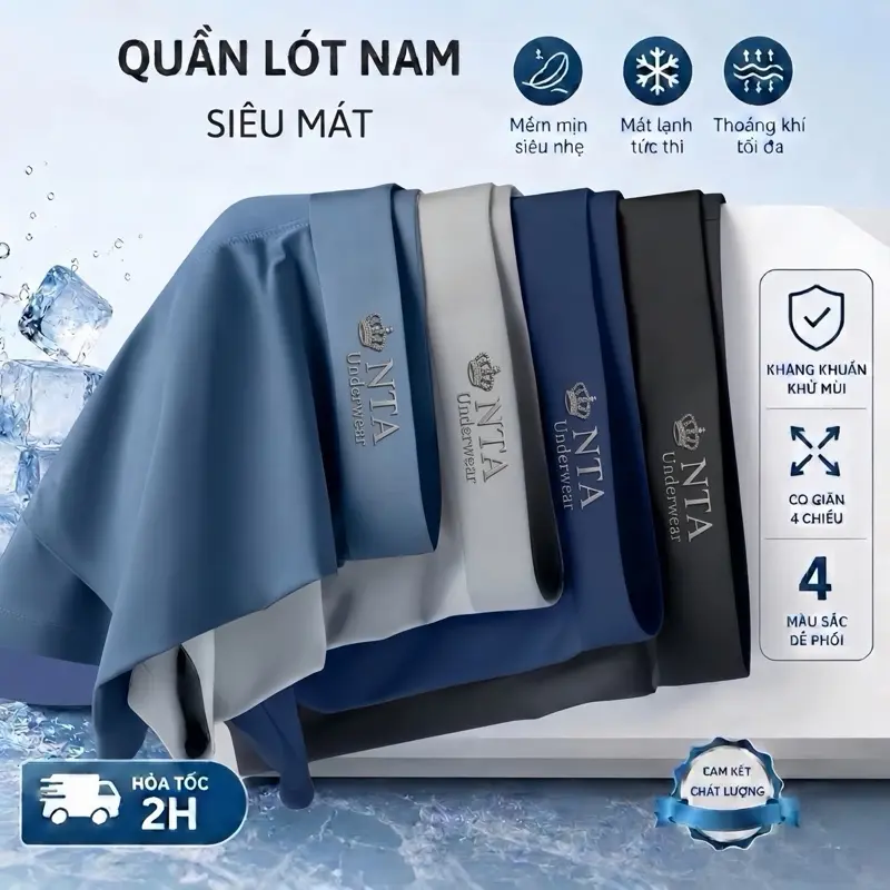 Hộp 4 Quần Sịp Nam Nanjiren /NTA Underwear Chính Hãng Vải Thun Lạnh Cao Cấp Kháng Khuẩn Khử Mùi Quần Boxer Quần Sịp Đùi Nam Menswear  Quần Lót Nam Phom Nhỏ Thoáng Khí Thoát Mồ Hôi (Che Tên Sản Phẩm)