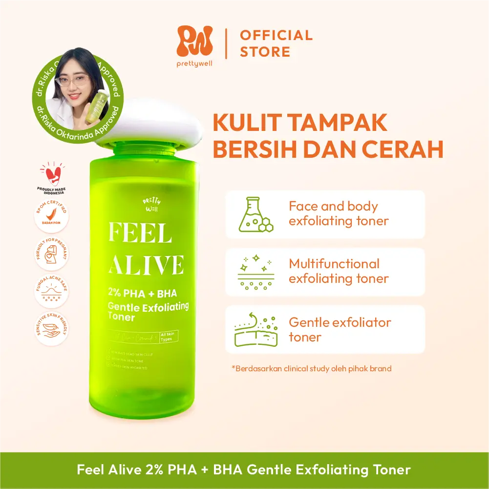 Prettywell 2% PHA + BHA Gentle Exfoliating Toner - Face and Body Exfo Toner - 100mL  - NEW LOOK TANPA STICKER - Toner Gentle untuk Eksfoliasi Komedo & Jerawat - Mencerahkan - Toner Multifunctional