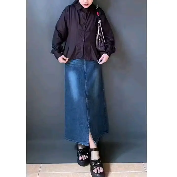 [LBOSS] Rok Jeans Cessa wanita belah depan bahan street jeans 12OZ Panjang 3