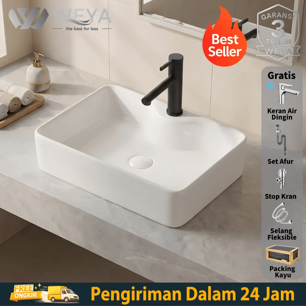 WEYA-Wastafel Meja Keramik Cuci Tangan Minimalis Full Set Keran Afur Selang Stop Kran Packing Kayu