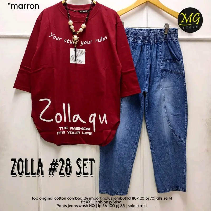ZOLLA SET #28 Setelan Wanita Dewasa JUMBO atasan Combed 24s TEBAL Celana Jeans Wash HQ • Desain kasual Kekinian • Bisa COD 1
